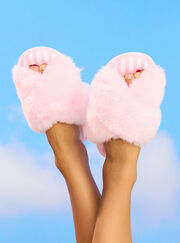 Cherry embroidered striped cross band slippers