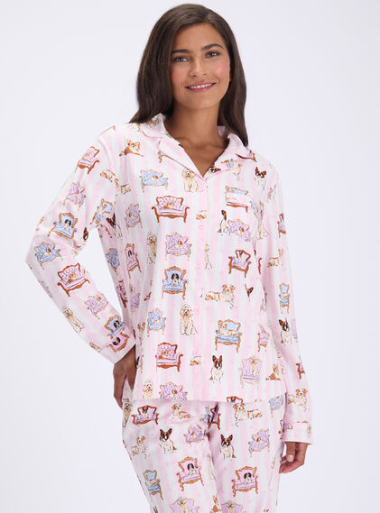 Dogs on chairs fleece pyjamas in a bag