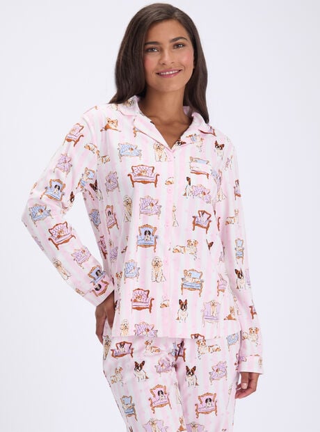 Dogs on chairs fleece pyjamas in a bag