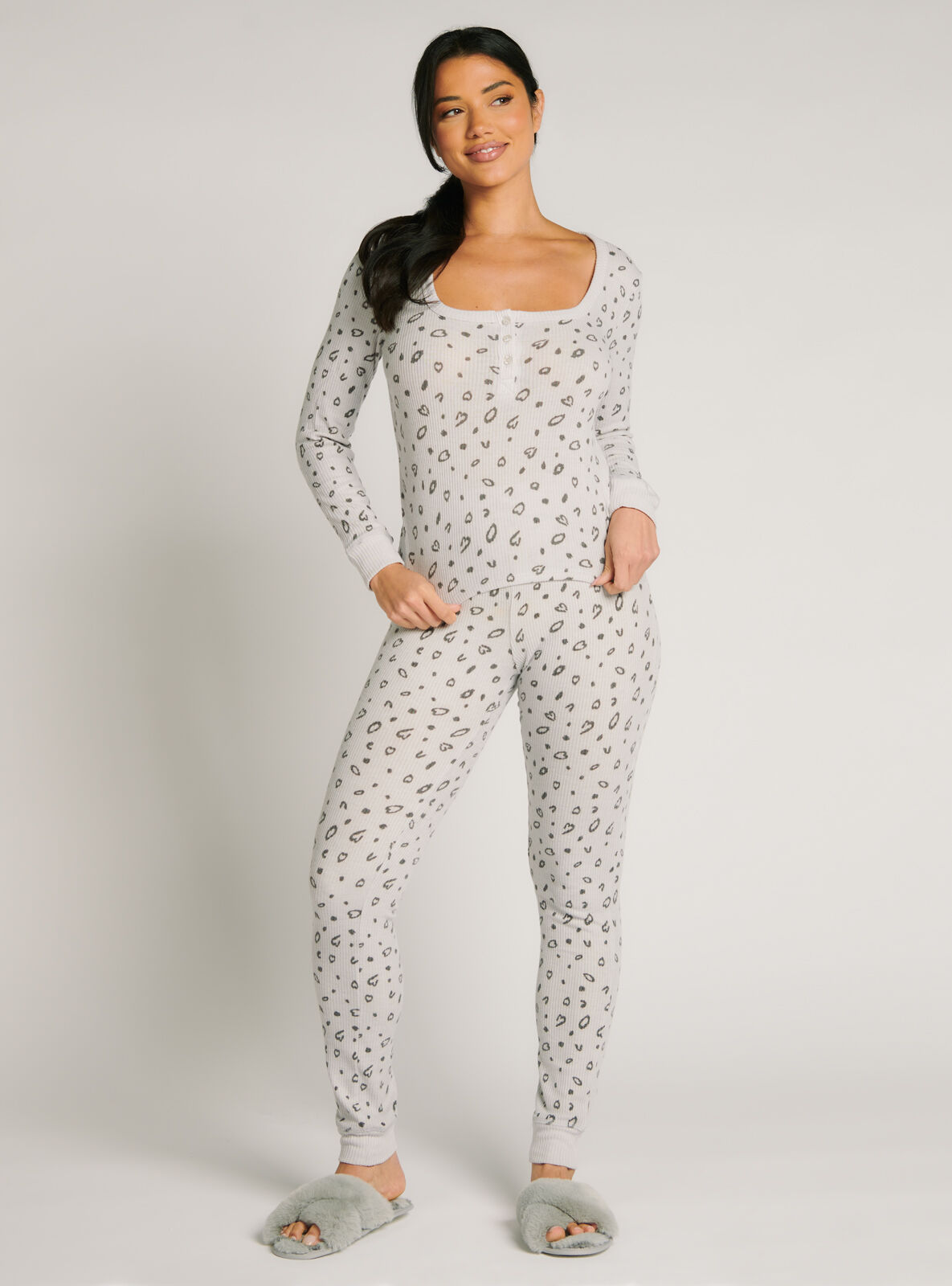 Leopard henley and leggings pyjama set Grey Mix Boux Avenue UK