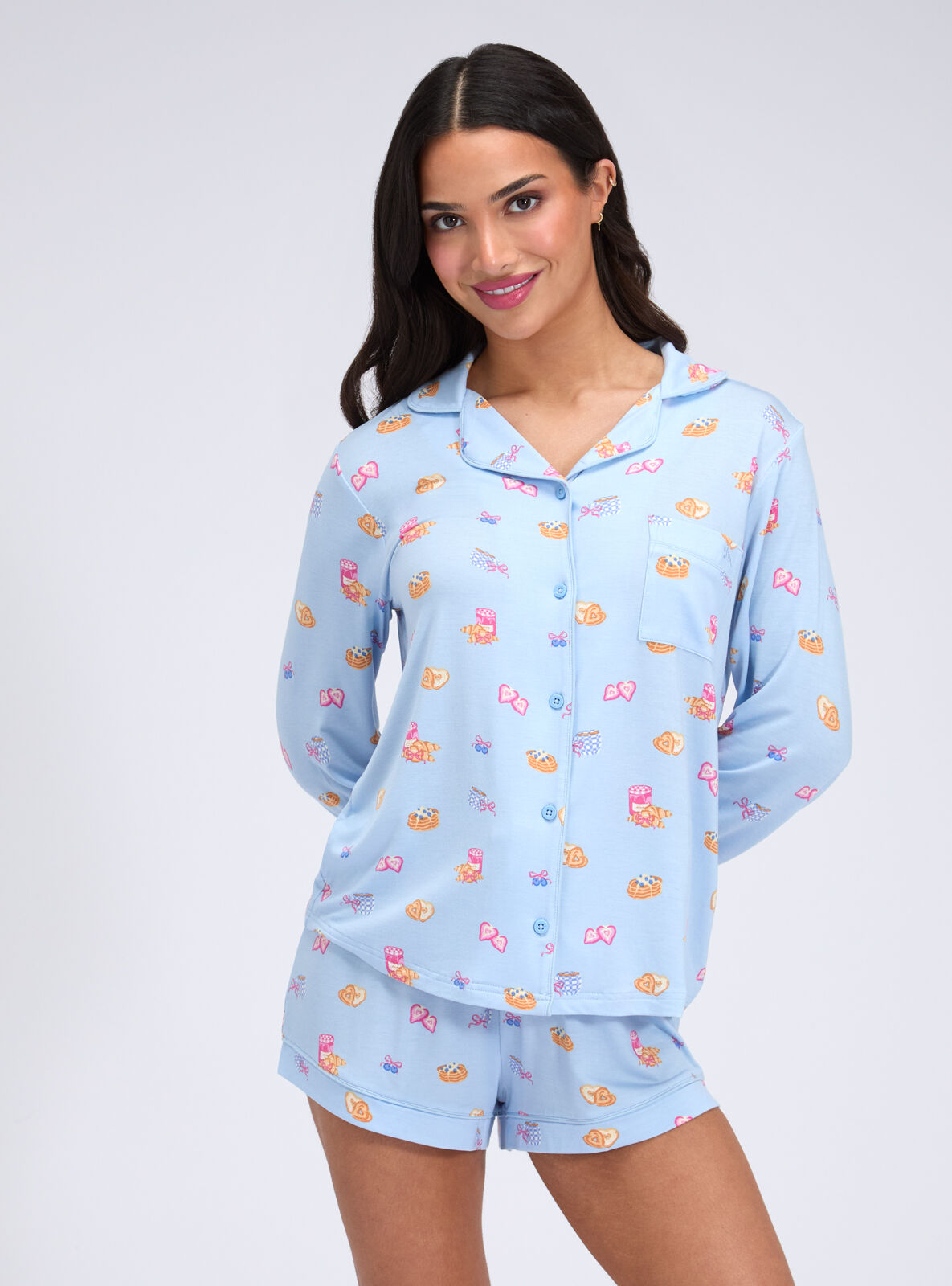 Breakfast print modal short pyjama set | Blue Mix | Boux Avenue UK