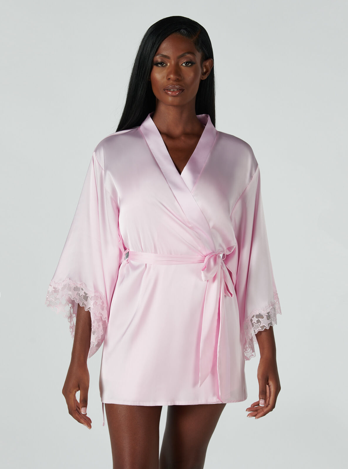 Satin Kimono 3/4 Sleeve Plain Nightwear Short Dressing Gown with Lace Aibrou Womens Robe 