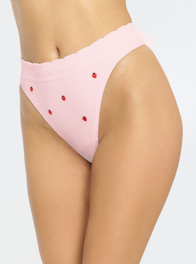 Ribbed seamless strawberry embroidered thong, Pink Mix