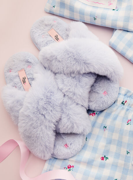 Bow embroidered cross band slider slippers