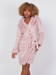 Fluffy cut fur trim midi dressing gown
