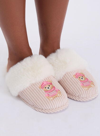 Teddy embroidered fluffy mule slippers