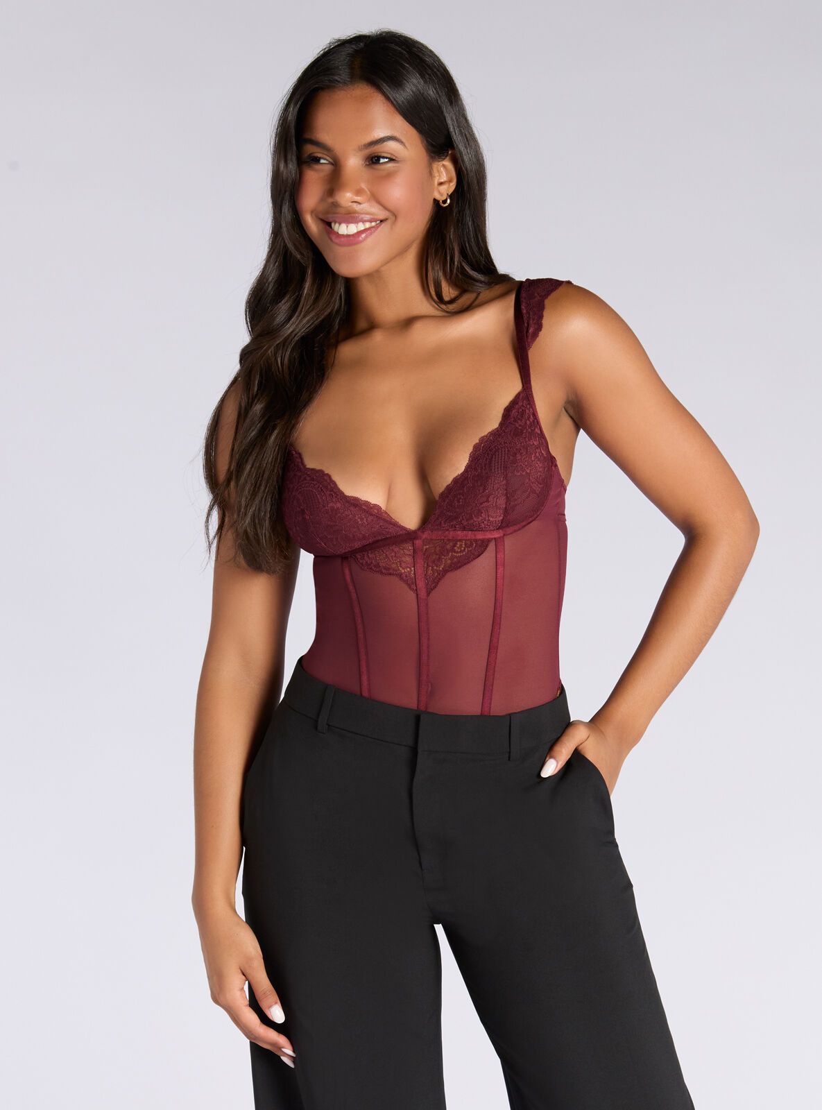 Boux Avenue Frida lace and mesh bodysuit - Oxblood - 10