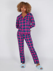 Navy and orchid check cotton pyjamas in a bag