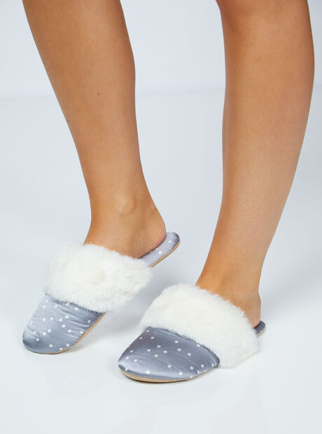 Grey spot satin slippers in a bag