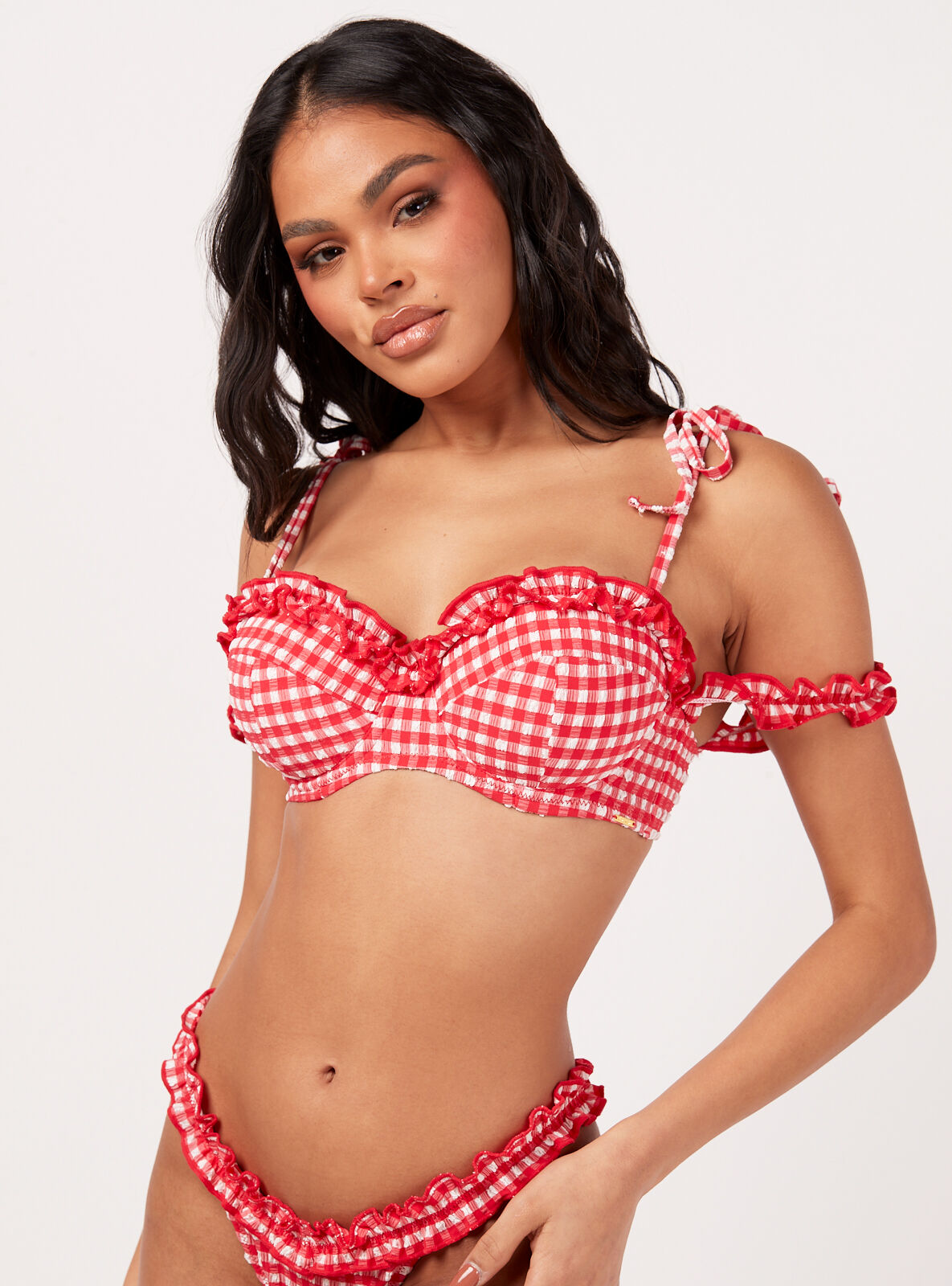 Boux Avenue Fiji frill gingham brazilian bikini briefs - Red Mix - 10