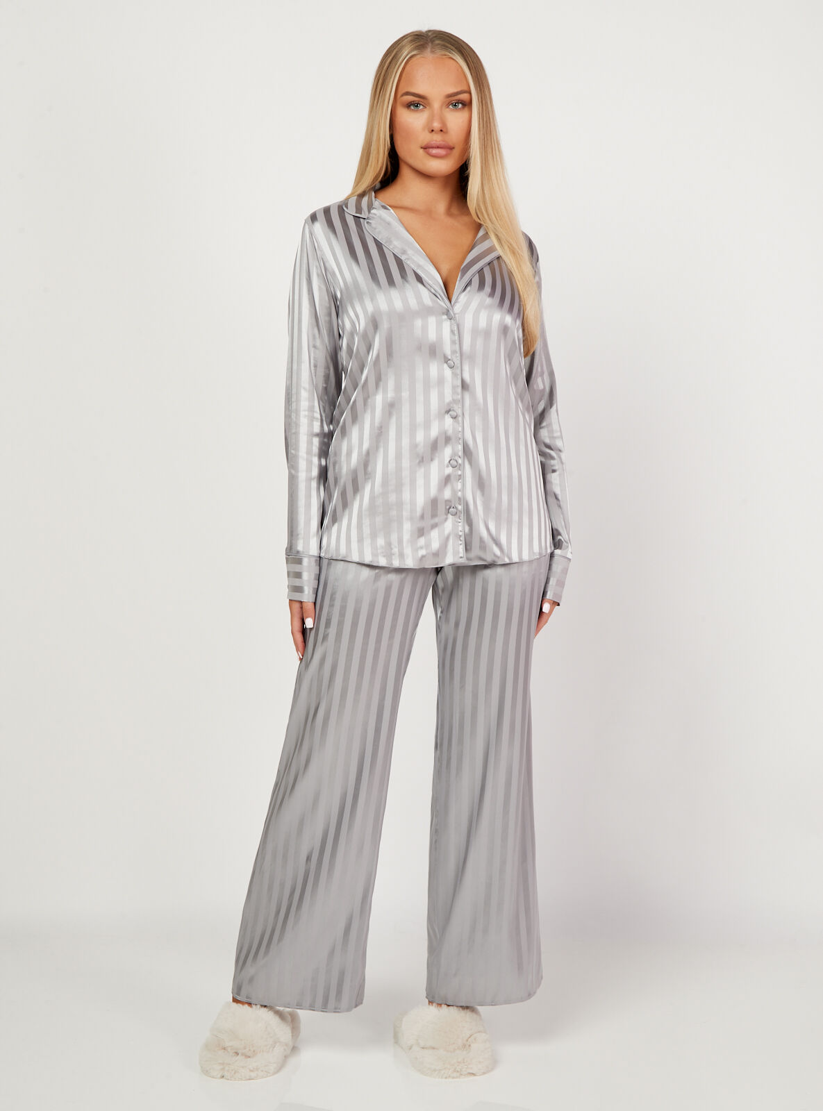 Boux Avenue Stripe jacquard satin wide trousers - Grey Mix - 18