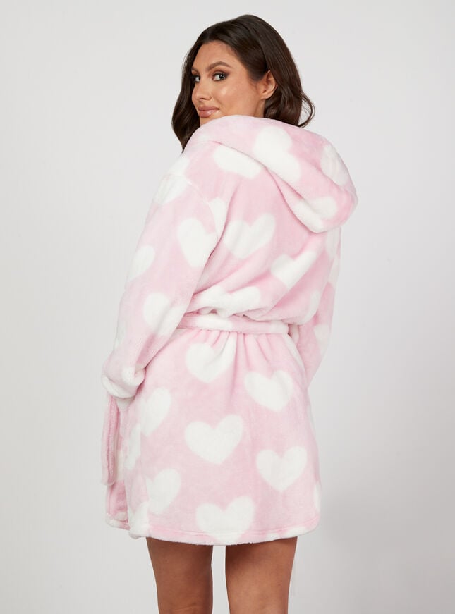 Fluffy heart print short dressing gown