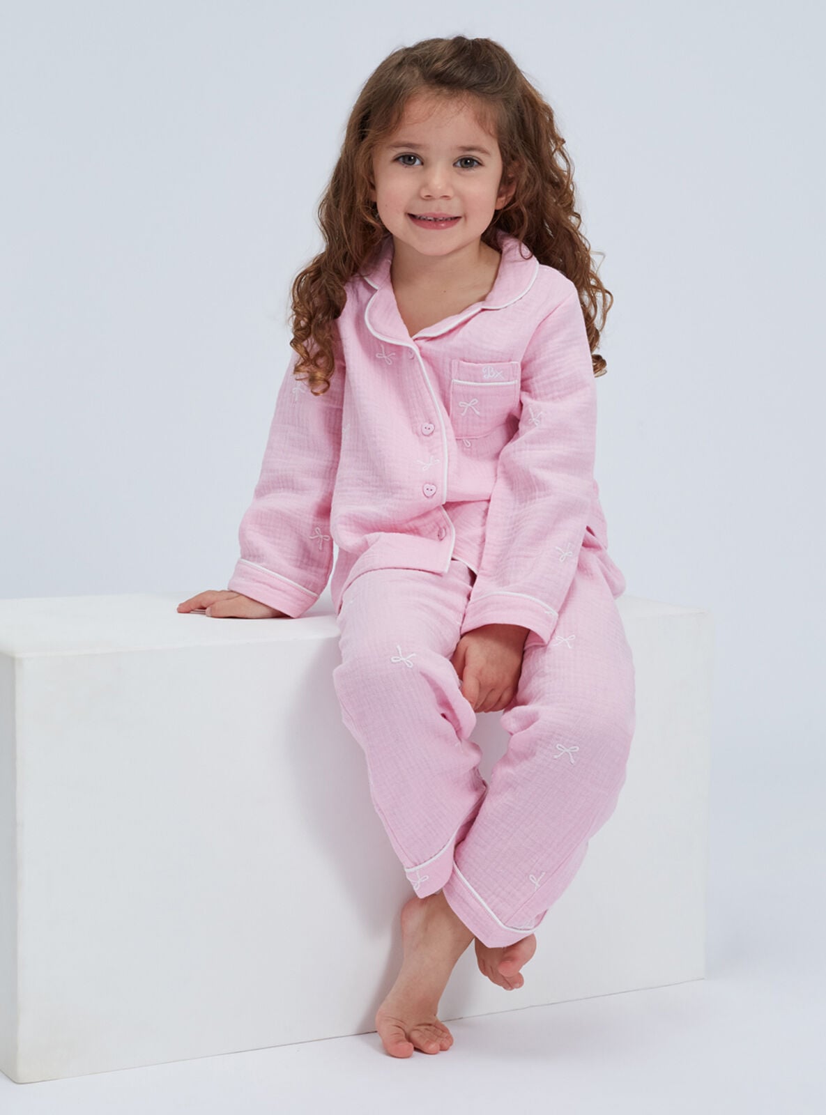 Kids' bow embroidered cotton pyjama set | Pink Mix | Boux Avenue UK