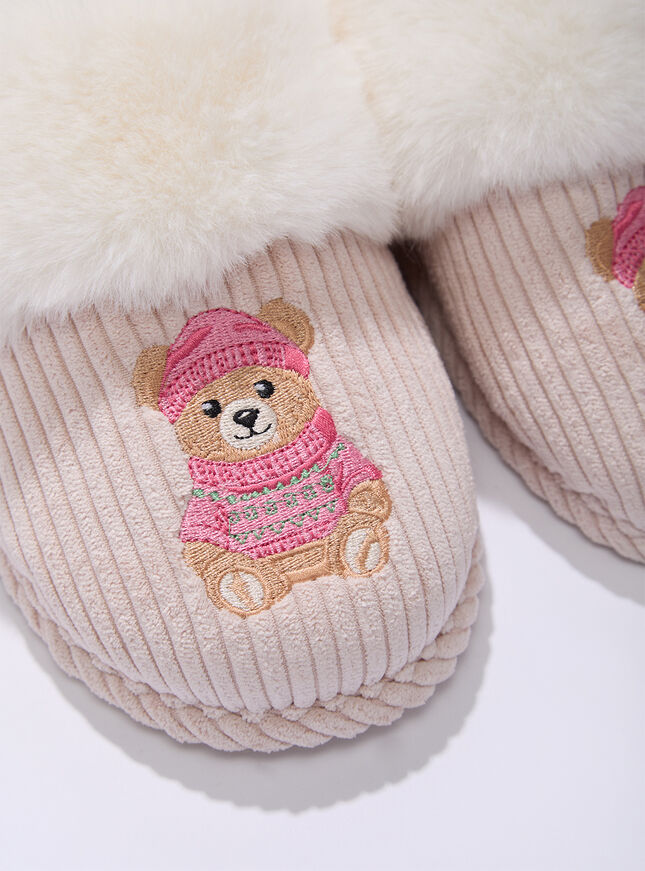 Teddy embroidered fluffy mule slippers