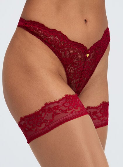 Dark red lace top hold ups
