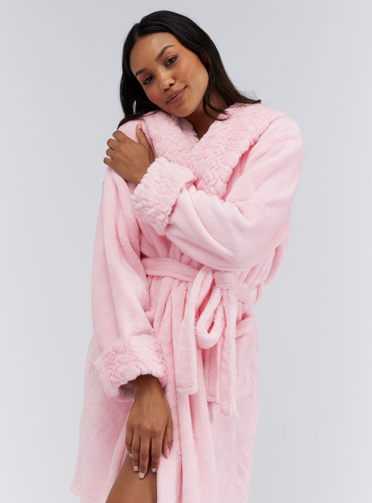 Fur-trimmed midi dressing gown | Candy Pink | Boux Avenue UK