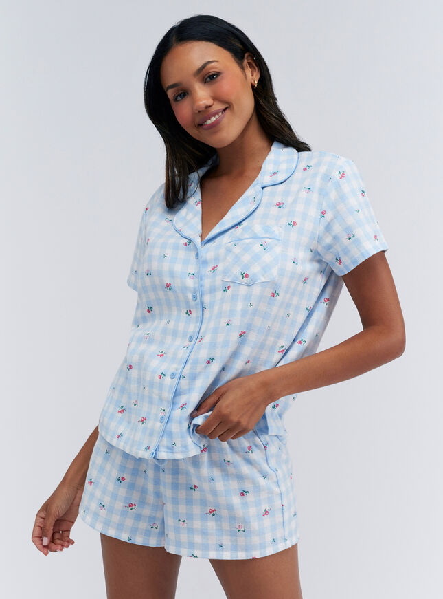 Floral gingham cotton pyjama shorties in a bag