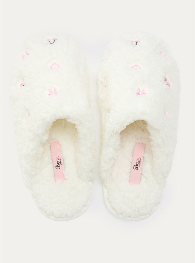 Bow & cherry teddy fleece mule slippers