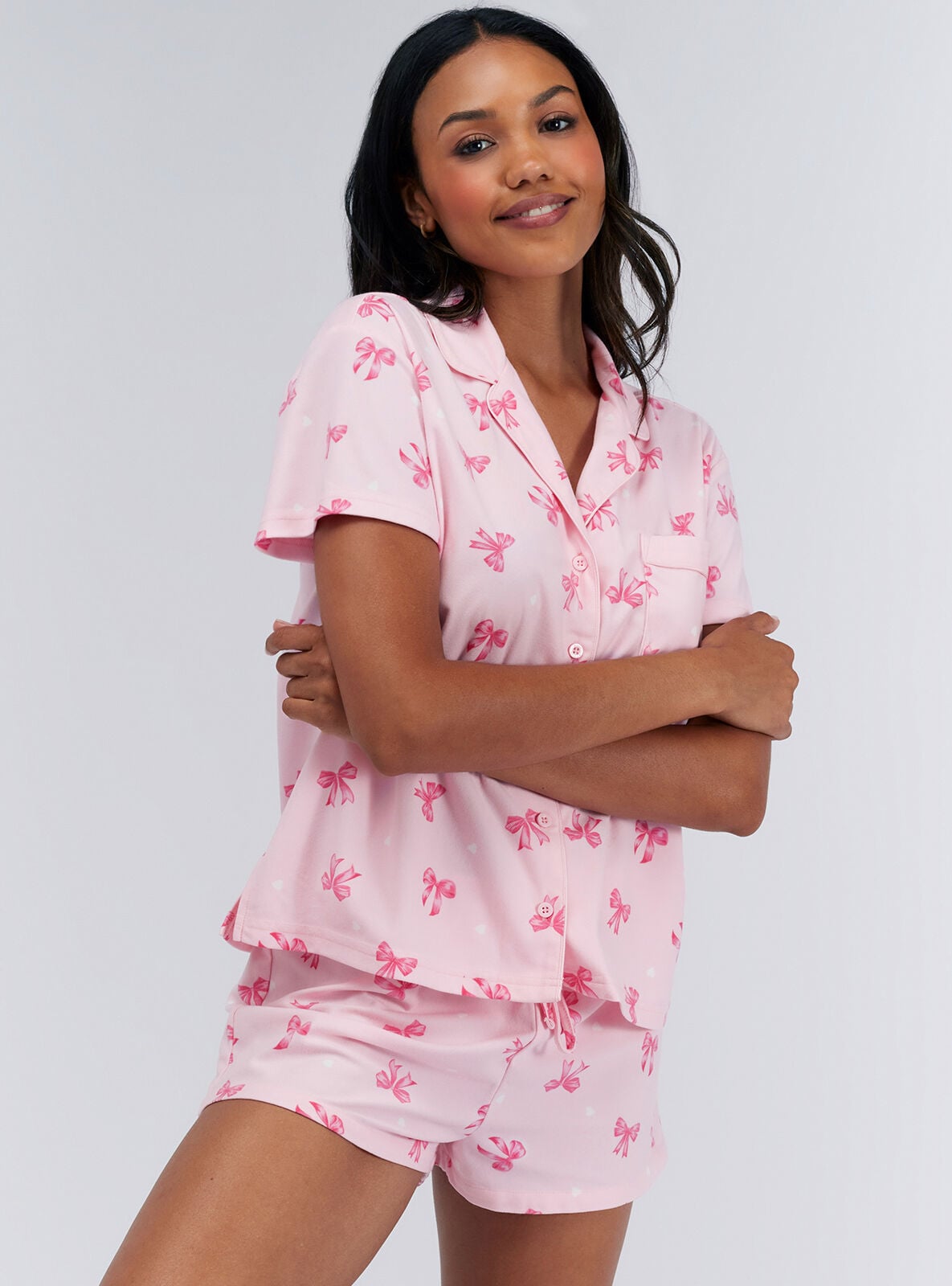 Bow & heart pyjama shorties in a bag | Powder Pink | Boux Avenue UK