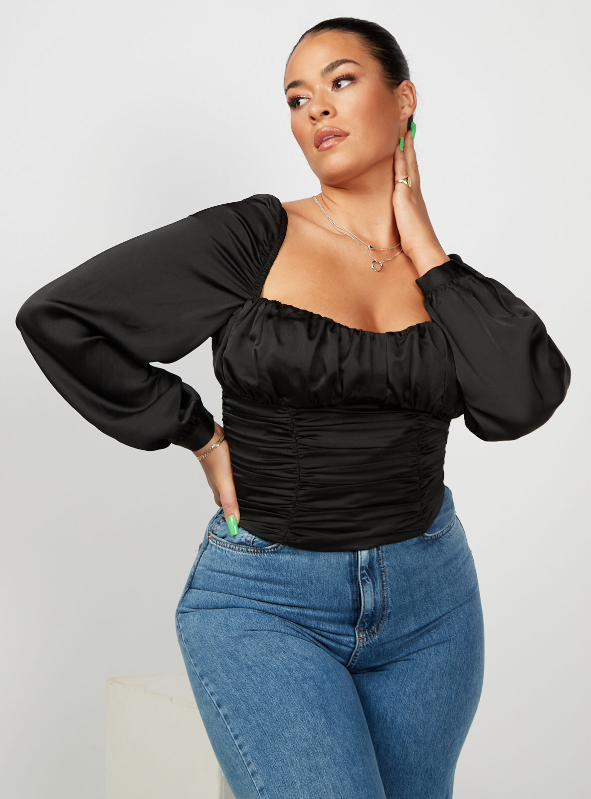 Ruched long-sleeve corset top | Black 