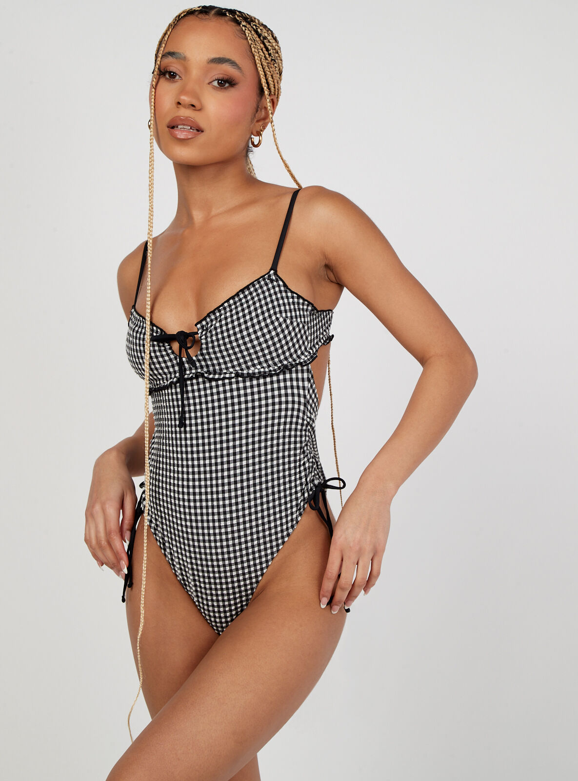 Galle gingham ruched swimsuit Black White Boux Avenue UK
