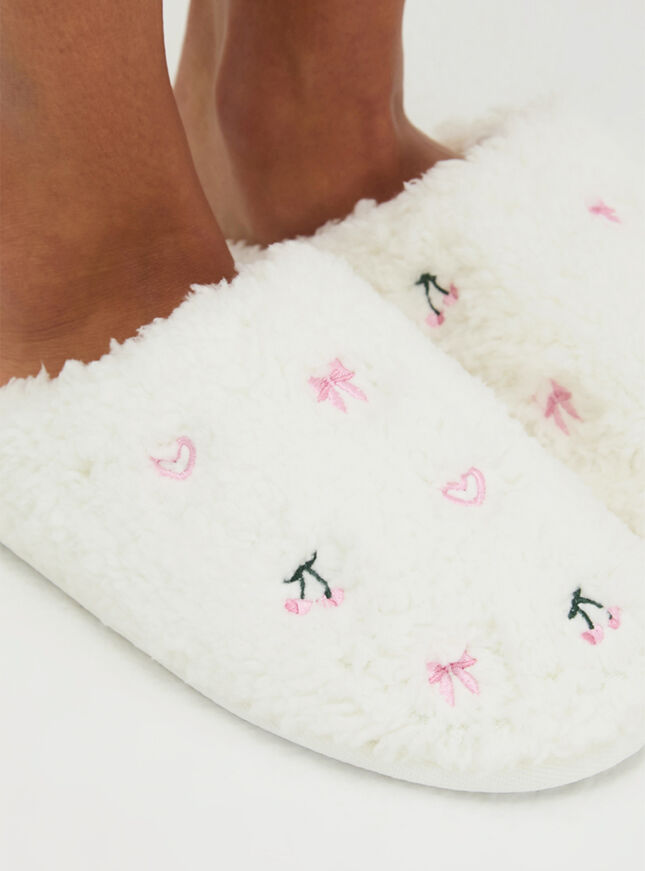 Bow & cherry teddy fleece mule slippers