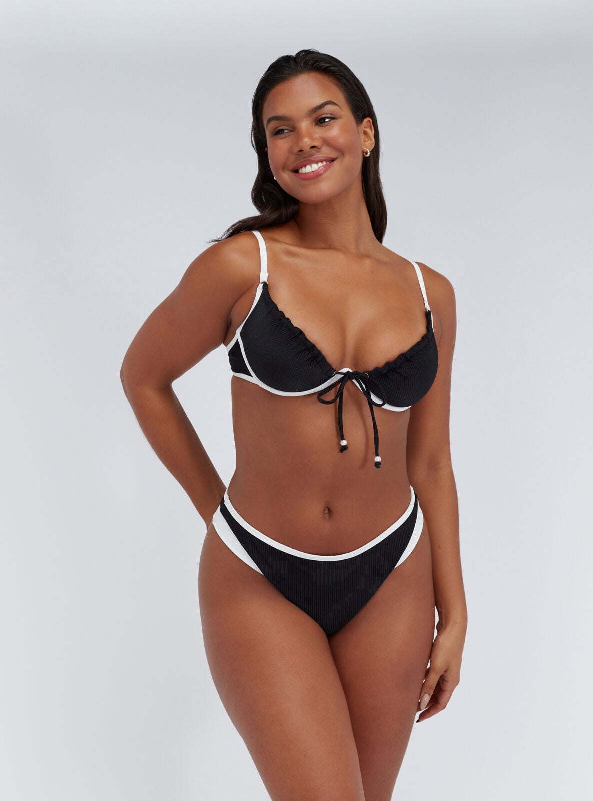 Ibiza piped plunge bikini top | Black Mix | Boux Avenue UK