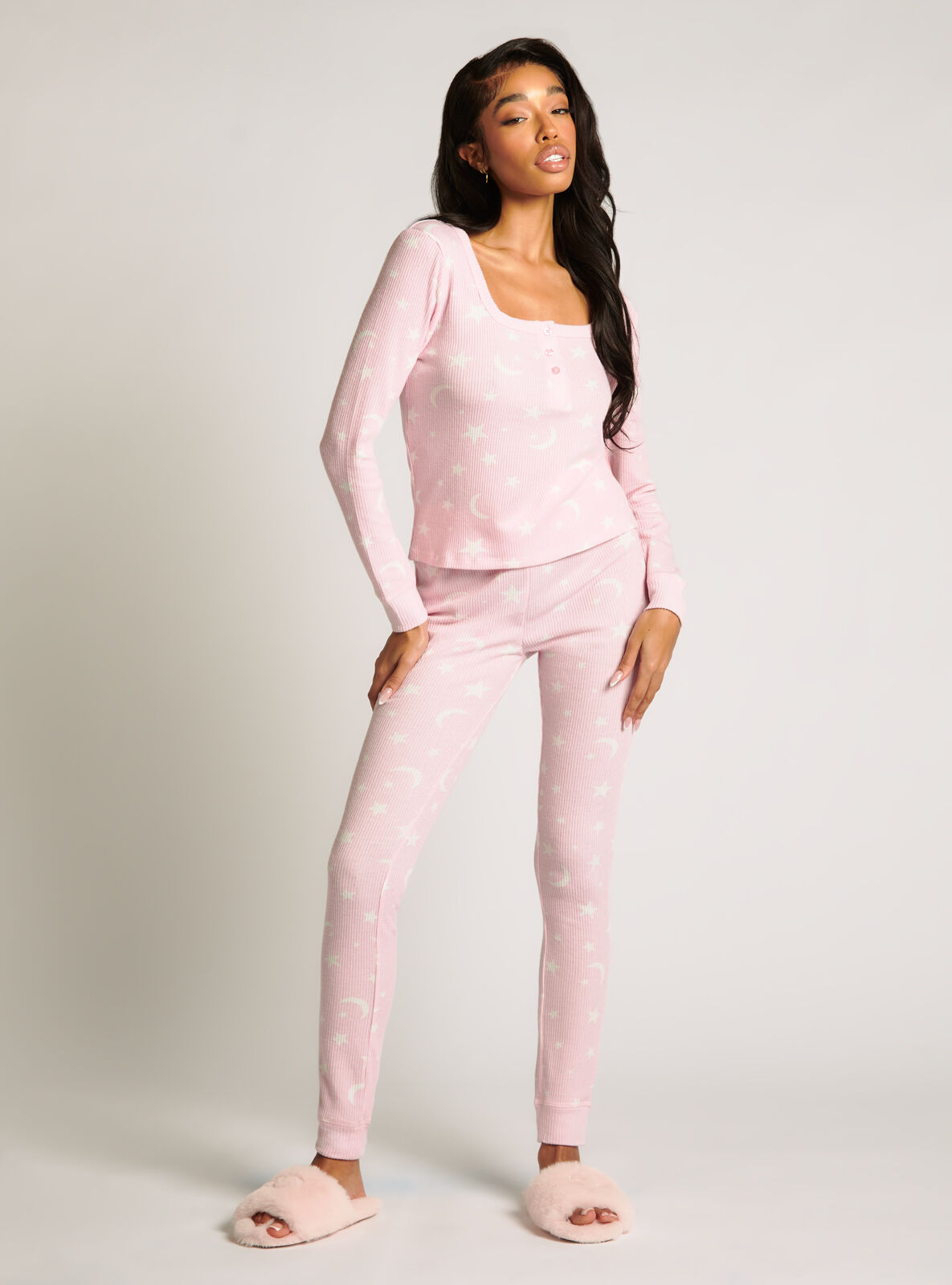 Star and moon henley and leggings pyjama set, Pink Mix