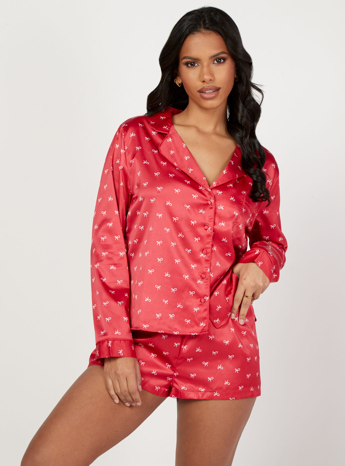 Boux Avenue Bow print satin revere and shorts set - Red Mix - 16