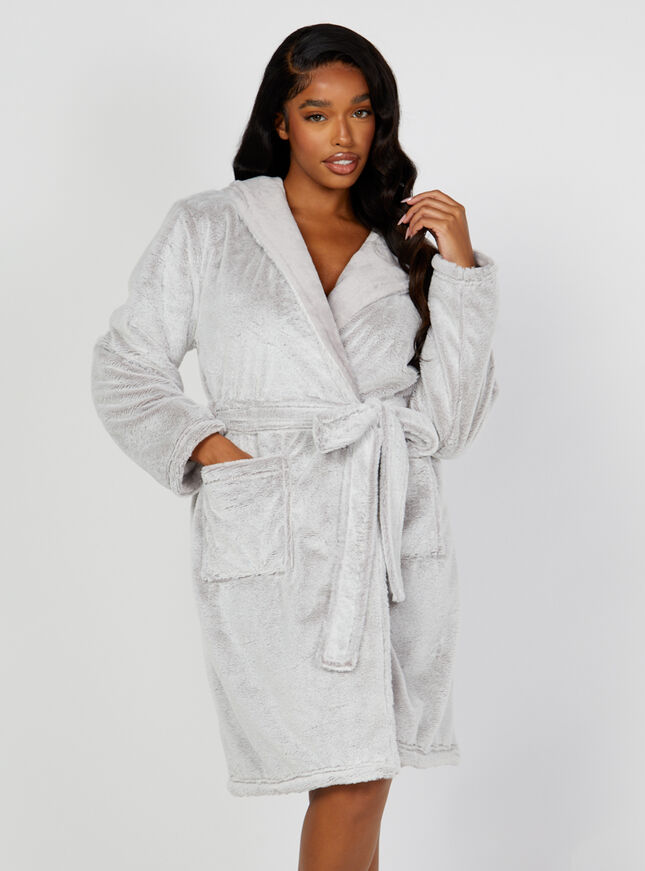 Fluffy frosted fur midi dressing gown | Mink | Boux Avenue UK
