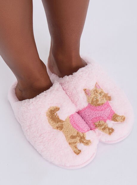 Cat teddy fleece mule slippers