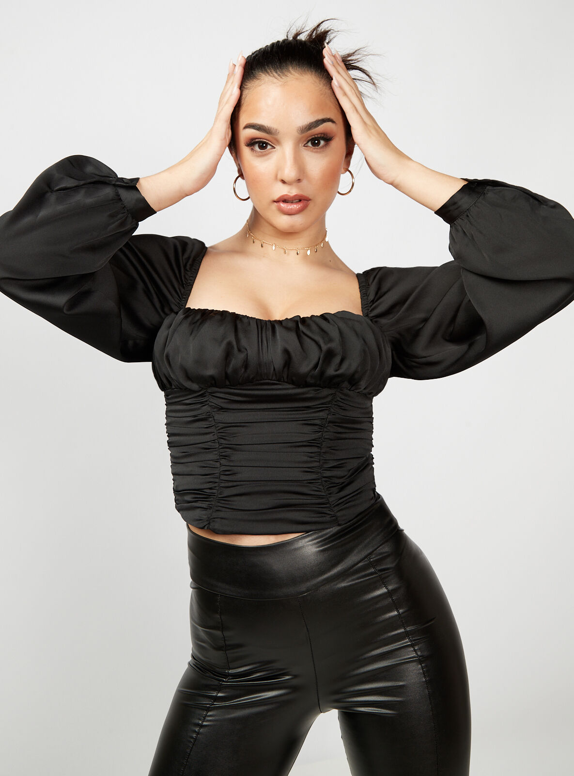 Ruched long-sleeve corset top | Black 