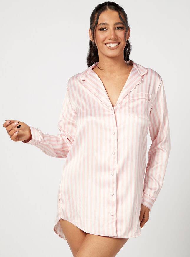 Long-sleeve stripe satin nightshirt