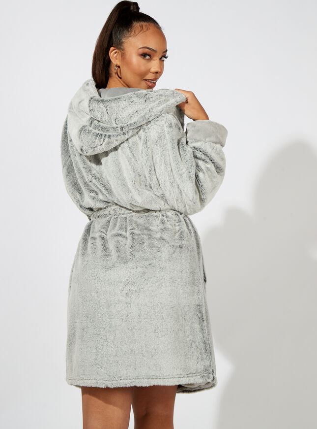 Frosted fur hooded midi dressing gown