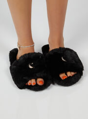 Black furry star slider slippers