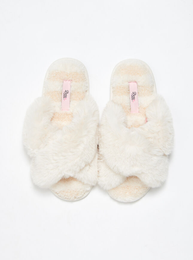 Borg stripe cross band slider slippers