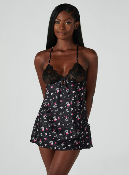 Ditsy print lace satin chemise