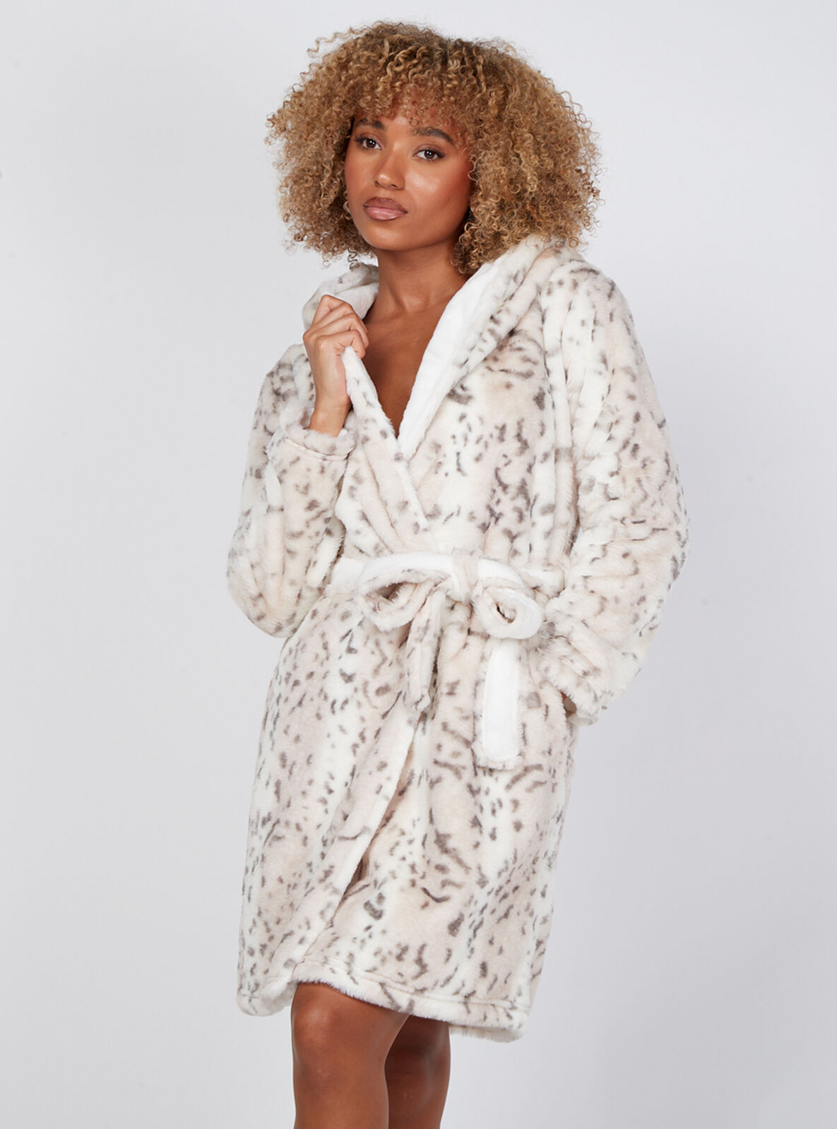 Fluffy animal print midi dressing gown | Neutral Mix | Boux Avenue UK