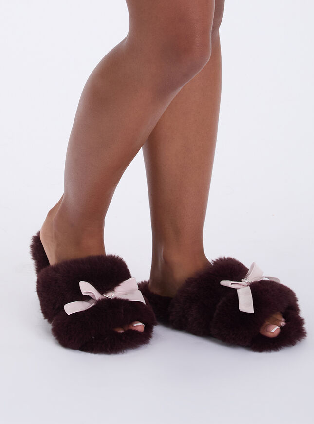 Heart fluffy bow slider slippers