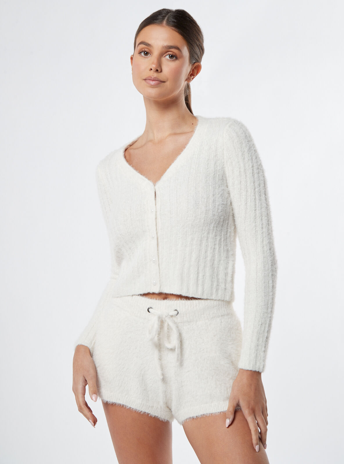 Fluffy knitted cropped cardigan Cream Boux Avenue UK