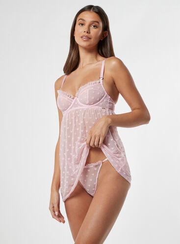 Flock heart wired babydoll and thong