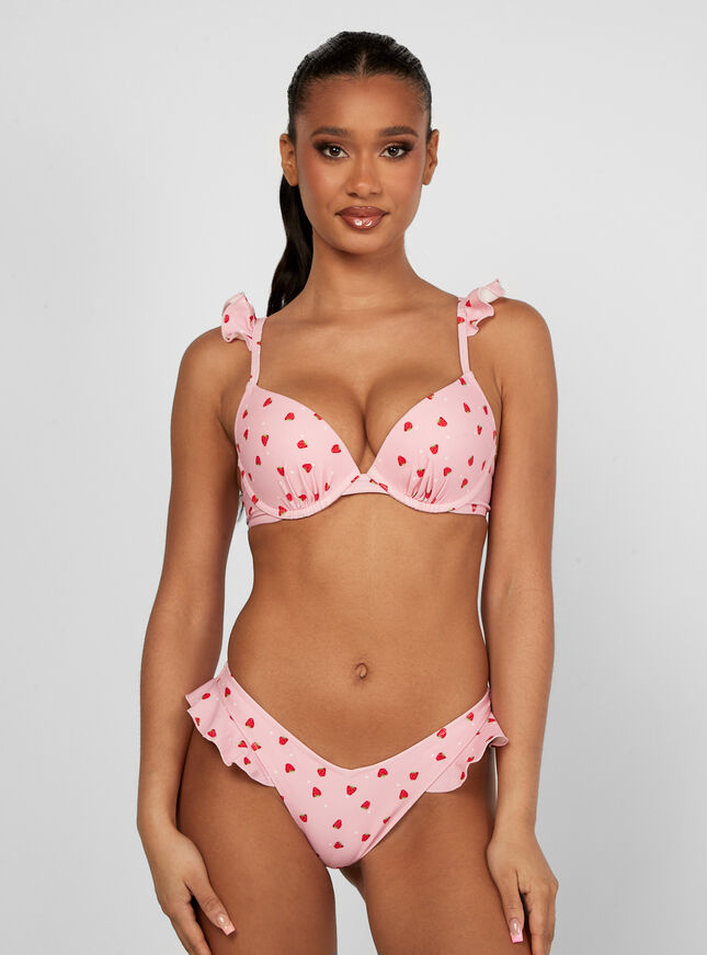 Strawberry print frill side bikini briefs