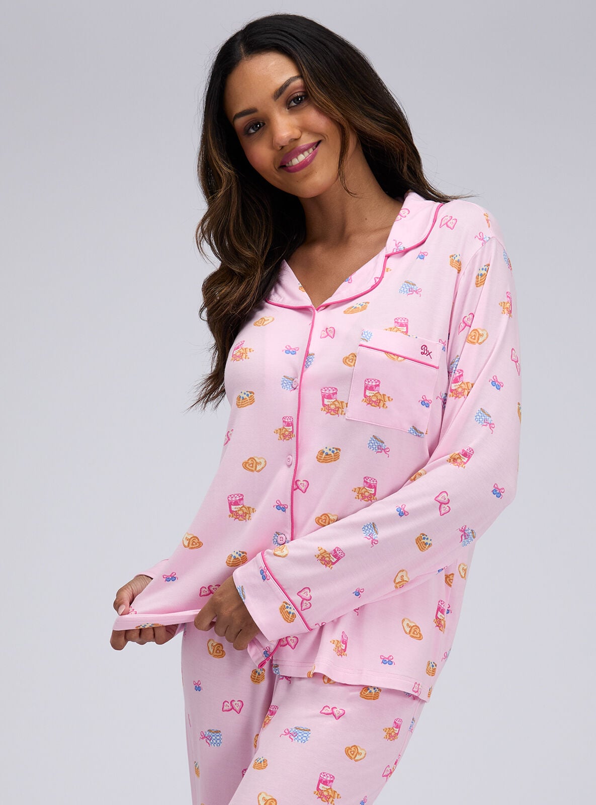 Breakfast print modal long pyjama set | Pink Mix | Boux Avenue UK