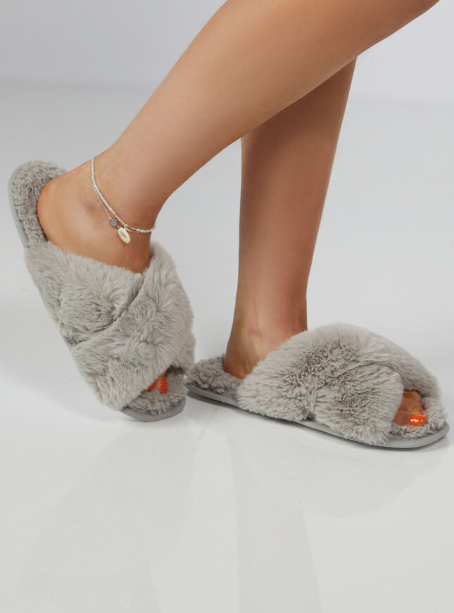 Borg cross band slider slippers