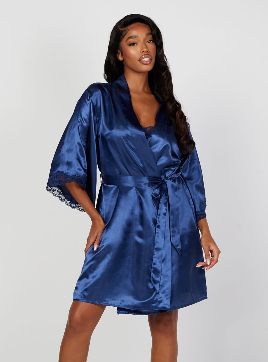 Boux Avenue Maisie satin short robe - Midnight Blue - XS