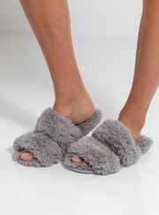 Double band fluffy slider slippers