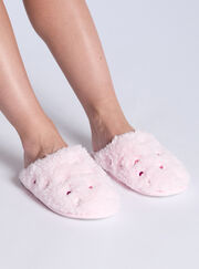 Teddy fleece heart embroidered mule slippers