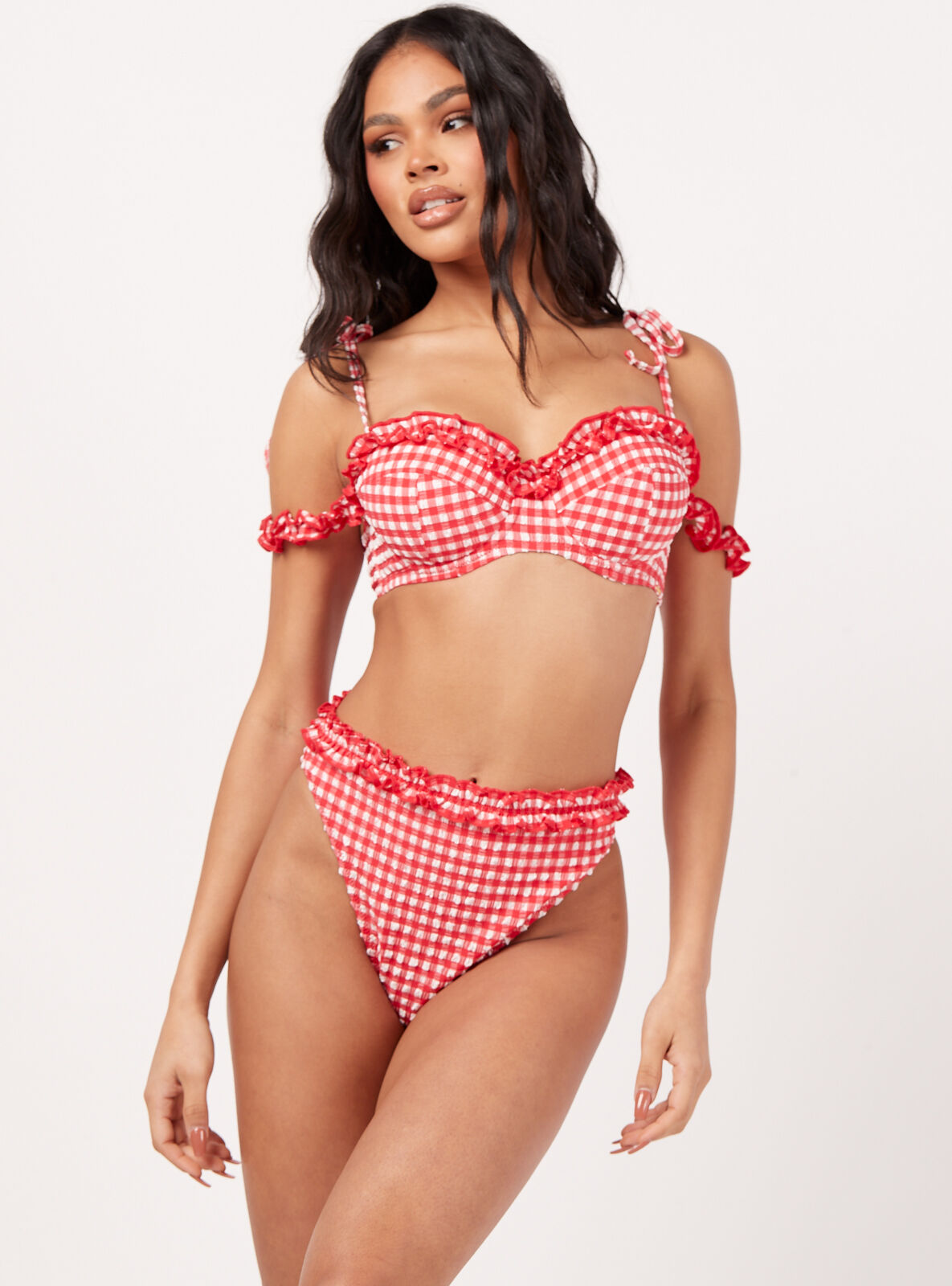 Boux Avenue Fiji frill gingham high-waist bikini briefs - Red Mix - 10