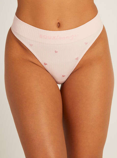 Ribbed seamless heart embroidered thong, Pink