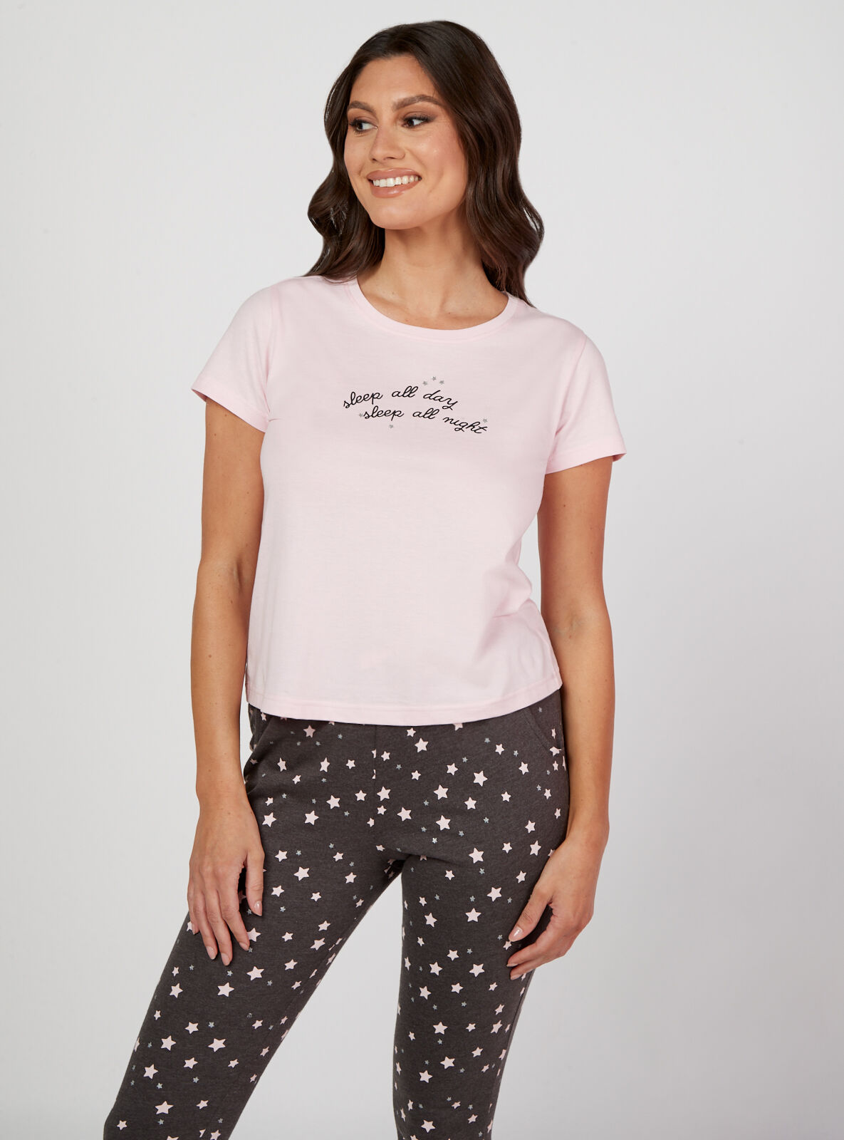Boux Avenue Sleep all day cotton tee and pants set - Pink Mix - 06